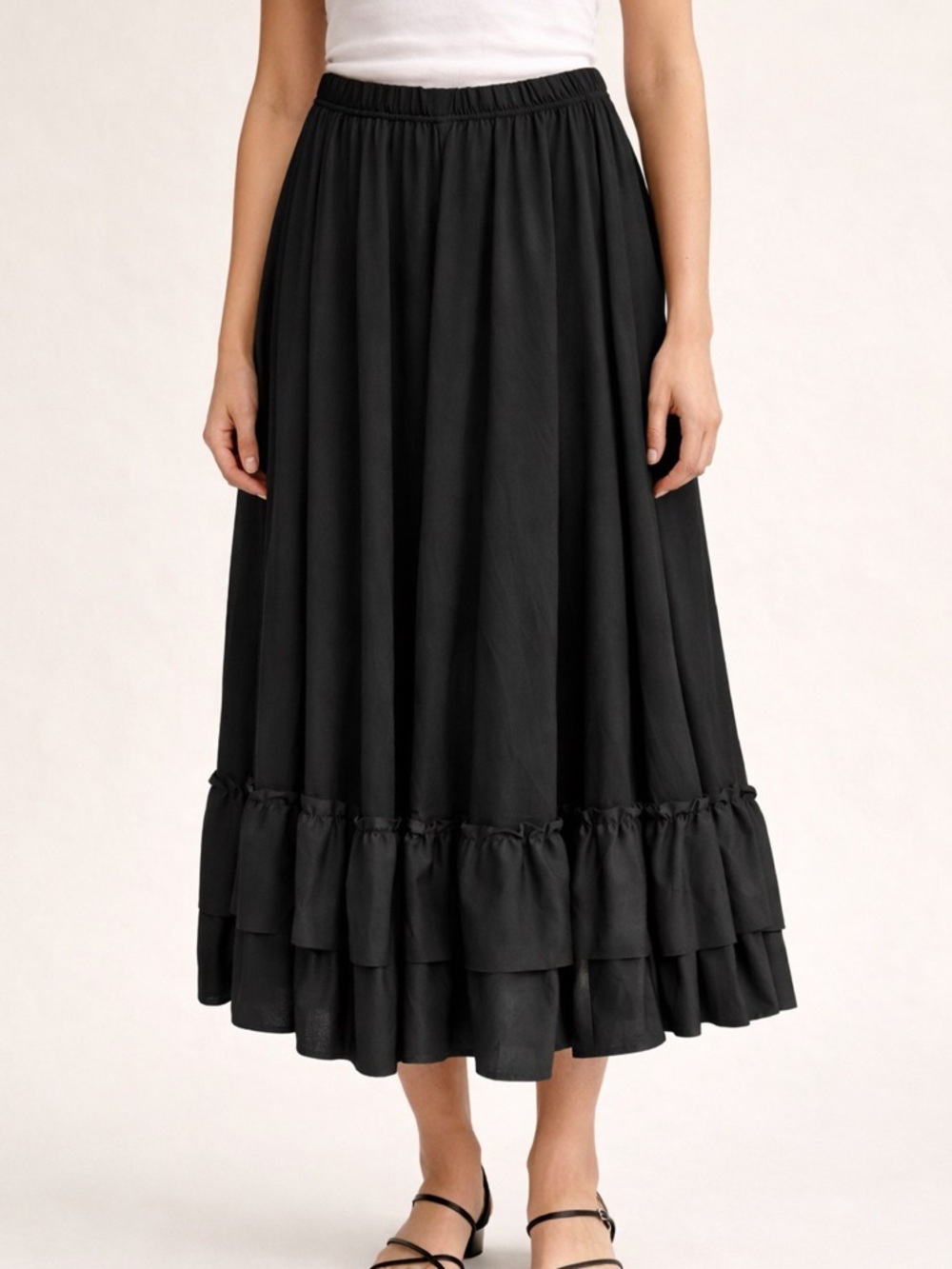 Black Tiered Maxi Skirt with Ruffle Hem C366